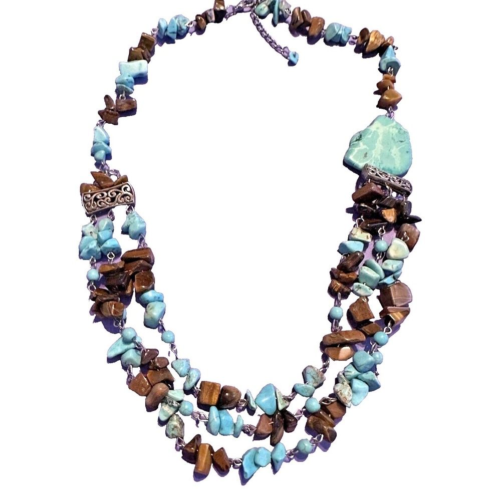 Turquoise Nugget Cats Eye Necklace Beaded Chunky Multi Strand Statement Silver